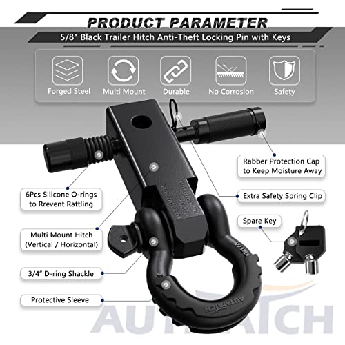 AUTMATCH Shackle Hitch Receiver 2 Inch - 3/4" D Ring Shackle and 5/8" Trailer Hitch Lock Pin, 45,000 Lbs Break Strength Heavy Duty Receiver Kit for Vehicle Recovery, Frosted Black