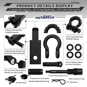 AUTMATCH Shackle Hitch Receiver 2 Inch - 3/4" D Ring Shackle and 5/8" Trailer Hitch Lock Pin, 45,000 Lbs Break Strength Heavy Duty Receiver Kit for Vehicle Recovery, Frosted Black