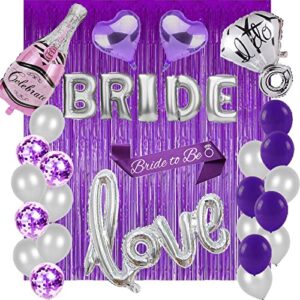 bachelorettesy 28pc bachelorette party favors kit for bride to be bridal shower balloons sash bachelorette party decorations for bridal shower, engagement party decorations set (purple)