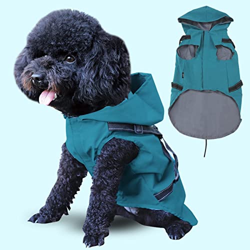 Small Dog Reflective Raincoat with Adjustable Harnesses, Waterproof Handsome Pet Clothes, Lightweight Hooded Leisure Raincoat for Puppies(Green,XXL)