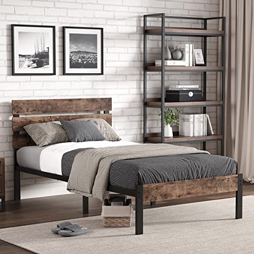 TXIYEAN Bed Frame with Wooden Headboard/Heavy Duty Metal Slats Support/No Box Spring Needed/Noise Free/Easy Assembly/Twin XL/Queen/King,Twin XL