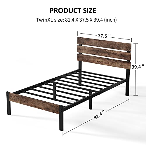 TXIYEAN Bed Frame with Wooden Headboard/Heavy Duty Metal Slats Support/No Box Spring Needed/Noise Free/Easy Assembly/Twin XL/Queen/King,Twin XL