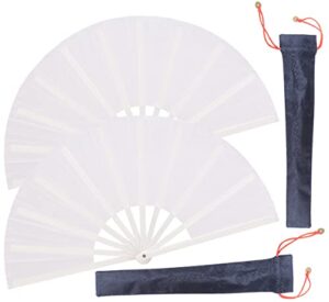 honshen 2 pack large folding hand fan,white chinese kung fu tai chi fan nylon-cloth fan for men and women performance, dance, decorations, festival, gift (folding fan white+case 2p)