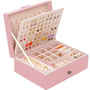 QBestry Stud Earring Organizer for Girls Stud Box for Earrings Necklace Jewelry Organizer Studs,Girls Earring Box for Womens, Holder Rings Organizer Jewelry Earring Storage Box,Pink