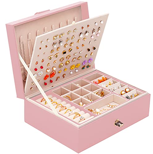 QBestry Stud Earring Organizer for Girls Stud Box for Earrings Necklace Jewelry Organizer Studs,Girls Earring Box for Womens, Holder Rings Organizer Jewelry Earring Storage Box,Pink