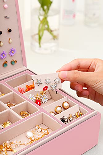 QBestry Stud Earring Organizer for Girls Stud Box for Earrings Necklace Jewelry Organizer Studs,Girls Earring Box for Womens, Holder Rings Organizer Jewelry Earring Storage Box,Pink