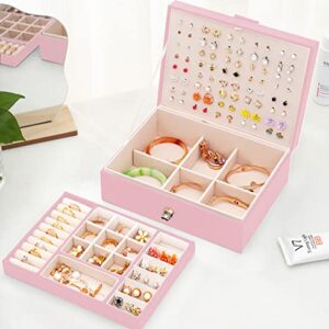 QBestry Stud Earring Organizer for Girls Stud Box for Earrings Necklace Jewelry Organizer Studs,Girls Earring Box for Womens, Holder Rings Organizer Jewelry Earring Storage Box,Pink