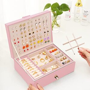 QBestry Stud Earring Organizer for Girls Stud Box for Earrings Necklace Jewelry Organizer Studs,Girls Earring Box for Womens, Holder Rings Organizer Jewelry Earring Storage Box,Pink