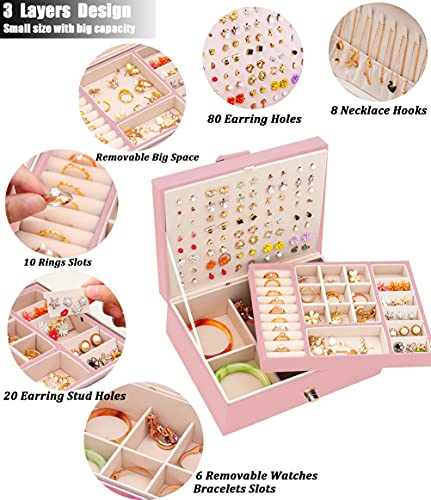 QBestry Stud Earring Organizer for Girls Stud Box for Earrings Necklace Jewelry Organizer Studs,Girls Earring Box for Womens, Holder Rings Organizer Jewelry Earring Storage Box,Pink