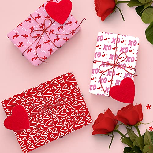 Whaline 12 Sheet Valentine's Day Wrapping Paper 6 Design Love Heart Wrapping Paper Red Pink White Patterned Art Paper for Wedding Anniversary Baby Shower Birthday Gift Wrap, 19.7 x 27.6 Inch