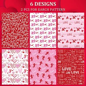 Whaline 12 Sheet Valentine's Day Wrapping Paper 6 Design Love Heart Wrapping Paper Red Pink White Patterned Art Paper for Wedding Anniversary Baby Shower Birthday Gift Wrap, 19.7 x 27.6 Inch