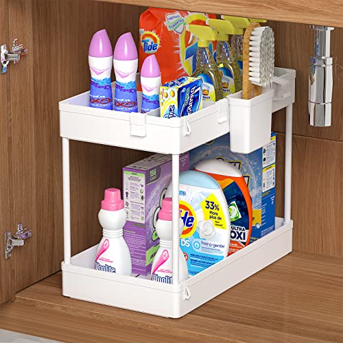 SOYO Under Sink Organizers and Storage, 2 Tier Bathroom Organizer Under Sink Shelf, Kitchen Organization Cabinet Storage Caddy Bath Counter Basket with Hooks Dividers Hanging Cups, White