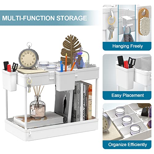 SOYO Under Sink Organizers and Storage, 2 Tier Bathroom Organizer Under Sink Shelf, Kitchen Organization Cabinet Storage Caddy Bath Counter Basket with Hooks Dividers Hanging Cups, White