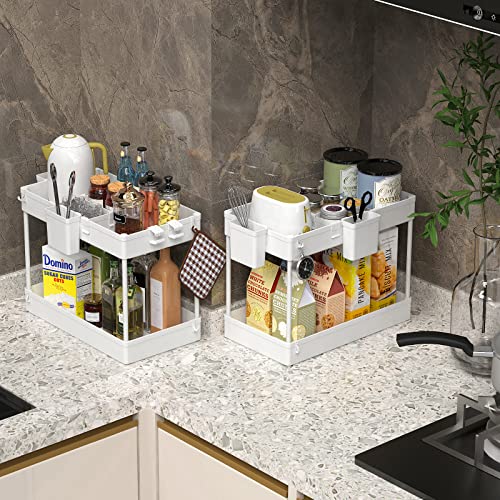 SOYO Under Sink Organizers and Storage, 2 Tier Bathroom Organizer Under Sink Shelf, Kitchen Organization Cabinet Storage Caddy Bath Counter Basket with Hooks Dividers Hanging Cups, White