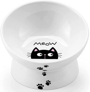 yedio porcelain raised cat bowl, tilted cat food bowl with anti slip band, stress free, elevated porcelain pet bowl protect pet's spine, backflow prevention, dishwasher safe, white