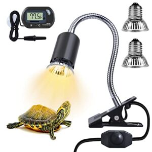 LEDBOKLI Reptile Heat Lamp Holder with Thermometer, 2 Heat Lamp Bulbs for Reptiles 25W 50W 110V UVA UVB Heat Lamp for Reptiles Replacement E26 Heat Lamp Bulbs for Reptiles Turtle Lizard Snakes Chicken