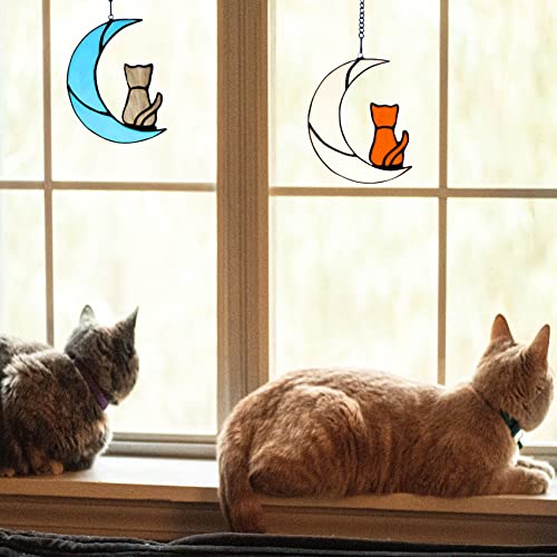 Lcensp Grey Tabby Cat Decor on Blue Moon Stained Glass Window Hangings Cat Memorial Gifts for Cat Lovers, Cat Suncatcher Pet Ornament (Grey Cat on Blue Moon)