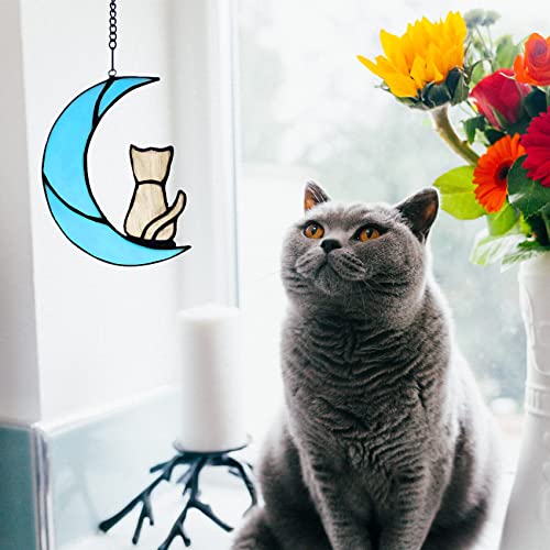 Lcensp Grey Tabby Cat Decor on Blue Moon Stained Glass Window Hangings Cat Memorial Gifts for Cat Lovers, Cat Suncatcher Pet Ornament (Grey Cat on Blue Moon)