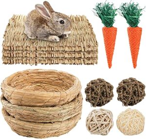 yesland woven bed mat for rabbits - set of 12 - grass mat bunny bedding nest with small animals play balls rolling chew toys for guinea pig chinchilla squirrel hamster cat dog and small animal