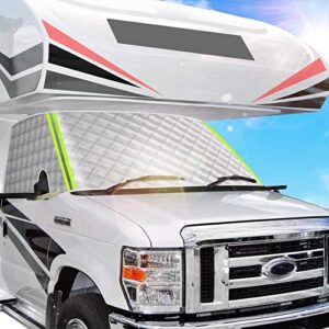 big hippo windshield cover rv window sunshade cover for class c ford e450 1997-2022 motorhome, uv block offer complete privacy with reflective strips rv accessories 4 layers with mirror cutouts silver
