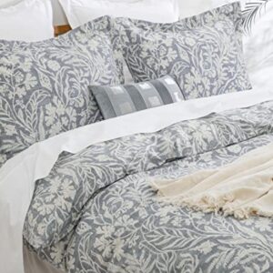 DAUAOTO King Size Duvet Cover Set - 104"X90" Cover + 2 Pillow Shams, Cotton Bedding Sets, Bluish Gray Botanic Pattern