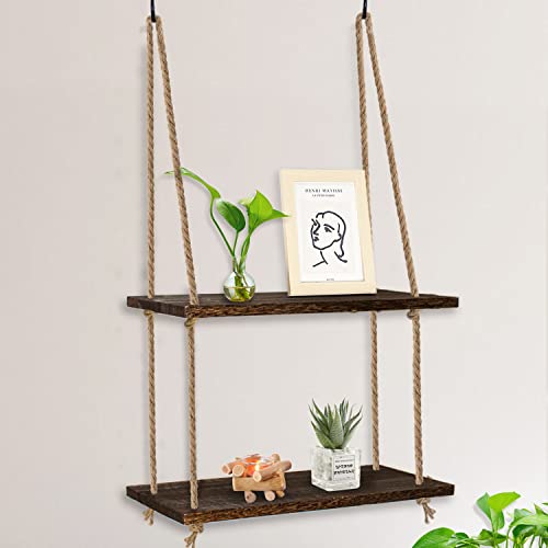 Iwaiting Outdoor Hanging Shelves for Wall, 2 Tier Antique Wood Floating Hanging Shelf with Handmade Twine Weaving Process, Suitable for Bedroom Living Room Bathroom Hanging Window Plant Shelves Decor