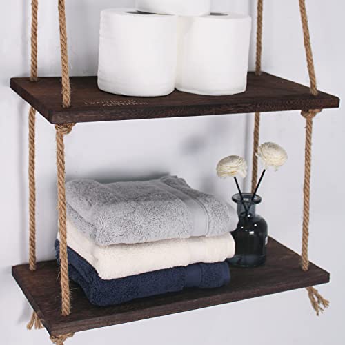 Iwaiting Outdoor Hanging Shelves for Wall, 2 Tier Antique Wood Floating Hanging Shelf with Handmade Twine Weaving Process, Suitable for Bedroom Living Room Bathroom Hanging Window Plant Shelves Decor