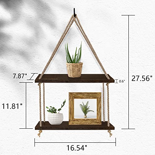 Iwaiting Outdoor Hanging Shelves for Wall, 2 Tier Antique Wood Floating Hanging Shelf with Handmade Twine Weaving Process, Suitable for Bedroom Living Room Bathroom Hanging Window Plant Shelves Decor