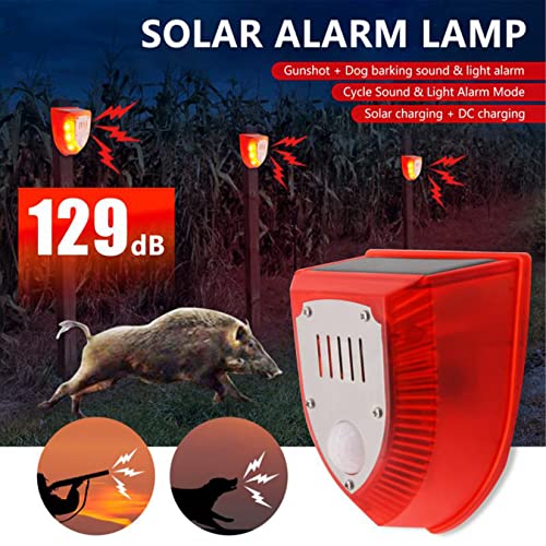 keeda Solar Security Light Alarm, 129dB Warning Loud Solar Strobe Light Makes Gunshot Sounds & Dog Barking Waterproof PIR LED Motion Sensor for Farm Barn Yard (2 Pack)