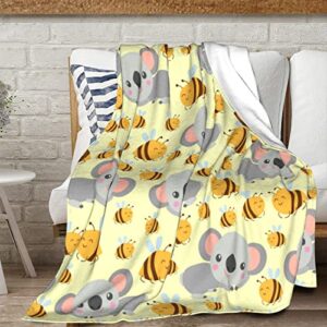 rutiea koala babies and yellow bees throw blanket ultra soft flannel fleece blanket for sofa couch bed, anti-pilling warm cozy microfiber blanket for kids adult all seasons