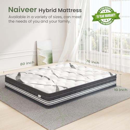 Naiveer King Mattress 10 Inch, Memory Foam Hybrid Mattress, King Size Mattress in A Box, Individually Wrapped Coils, CertiPUR-US Certified, Medium Firm Mattress for Back Pain & Pressure Relieve