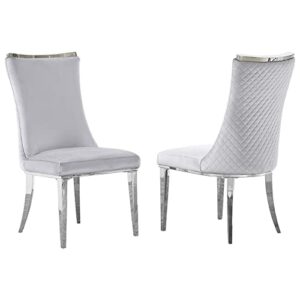 azhome dining chairs, gray velvet upholstered chairs with silver stainless steel legs, set of 2