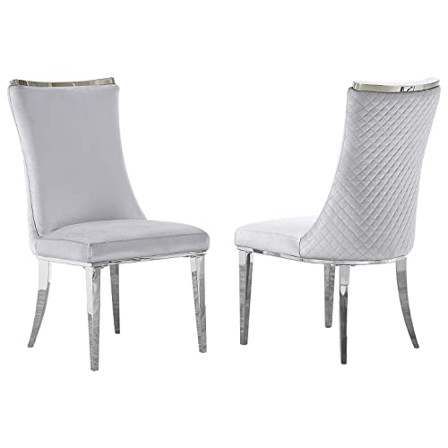 AZhome Dining Chairs, Gray Velvet Upholstered Chairs with Silver Stainless Steel Legs, Set of 2