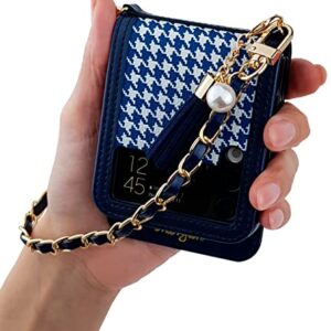 Qoosan Galaxy Z Flip 3 5G Case (2021) Pattern Leather Cover with Card Holder Wallet Hinge Protector Bling Metal Chain Wrist Strap Protective Phone case for Women, Navy Blue