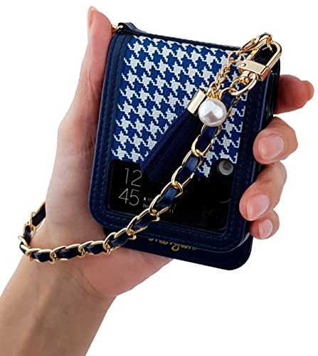 Qoosan Galaxy Z Flip 3 5G Case (2021) Pattern Leather Cover with Card Holder Wallet Hinge Protector Bling Metal Chain Wrist Strap Protective Phone case for Women, Navy Blue