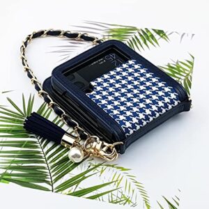 Qoosan Galaxy Z Flip 3 5G Case (2021) Pattern Leather Cover with Card Holder Wallet Hinge Protector Bling Metal Chain Wrist Strap Protective Phone case for Women, Navy Blue