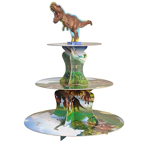 3-Tier Dinosaur Cupcake Stand - Kids Boy Favor Birthday Dinosaur Party Decorations for Green Jungle Theme Party Cake Stand 1Set (1)