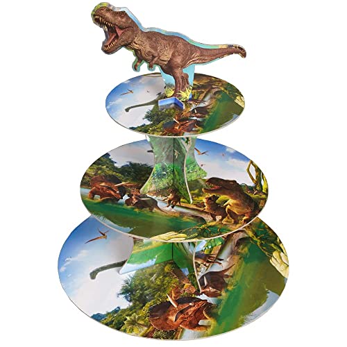 3-Tier Dinosaur Cupcake Stand - Kids Boy Favor Birthday Dinosaur Party Decorations for Green Jungle Theme Party Cake Stand 1Set (1)