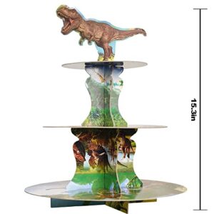 3-Tier Dinosaur Cupcake Stand - Kids Boy Favor Birthday Dinosaur Party Decorations for Green Jungle Theme Party Cake Stand 1Set (1)