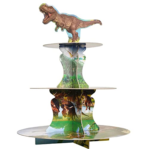3-Tier Dinosaur Cupcake Stand - Kids Boy Favor Birthday Dinosaur Party Decorations for Green Jungle Theme Party Cake Stand 1Set (1)