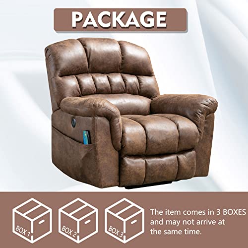 CANMOV Large Power Lift Recliner Chairs with Massage and Heat for Elderly Big People, Heavy Duty Electric Faux Leather Reclining Chairs with USB Port and 2 Side Pockets, Brown