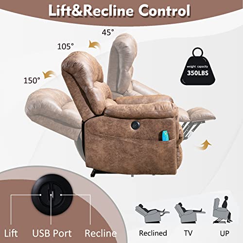 CANMOV Large Power Lift Recliner Chairs with Massage and Heat for Elderly Big People, Heavy Duty Electric Faux Leather Reclining Chairs with USB Port and 2 Side Pockets, Brown