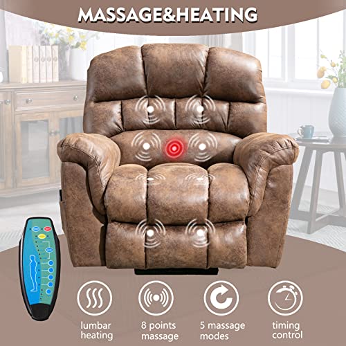 CANMOV Large Power Lift Recliner Chairs with Massage and Heat for Elderly Big People, Heavy Duty Electric Faux Leather Reclining Chairs with USB Port and 2 Side Pockets, Brown