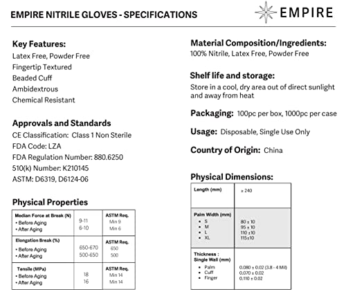 EMPIRE - Blue Nitrile Exam Gloves - Premium Grade - Non-Sterile - Powder Free - Single Use, Disposable - Latex Free - For Lab, Food Service, Home, & More - Medium - 1000 Count Case