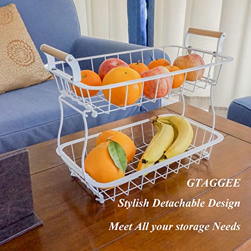 2 Tier Fruit Storage Basket for Kitchen Countertop,GTAGGEE Bread Baskets Fruit Bowl Holder Vegetable Stand Detachable Metal Rectangular Wire Basket, White