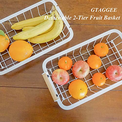 2 Tier Fruit Storage Basket for Kitchen Countertop,GTAGGEE Bread Baskets Fruit Bowl Holder Vegetable Stand Detachable Metal Rectangular Wire Basket, White