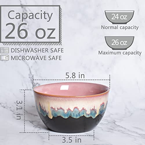 Bosmarlin Stoneware Cereal Bowls Set of 4, 26 Oz, Pink Soup Bowls for Oatmeal, Salad, Dishwasher and Microwave Safe, Reactive Glaze (26 Oz, Pink)