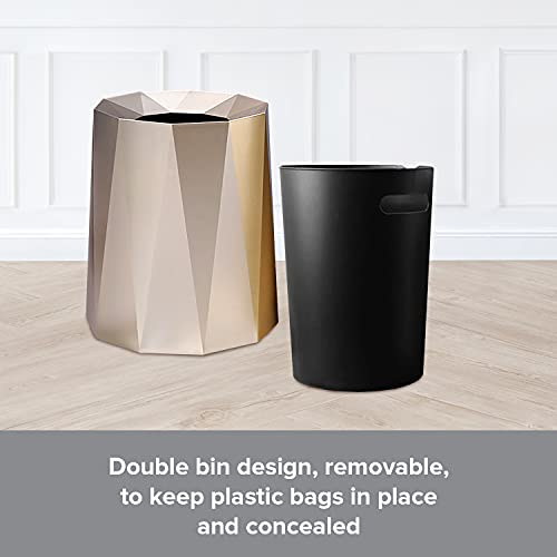 Luxurious Nordic Trash Can - Open Top Geometric Garbage Can - Double Barrel Trash Bin - Waste Basket w/Removable Plastic Bin - Living Room, Bedroom, Bathroom Trash Can - 8L/2.1Gal Garbage Bin, Gold