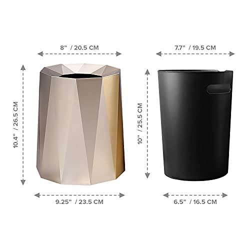 Luxurious Nordic Trash Can - Open Top Geometric Garbage Can - Double Barrel Trash Bin - Waste Basket w/Removable Plastic Bin - Living Room, Bedroom, Bathroom Trash Can - 8L/2.1Gal Garbage Bin, Gold