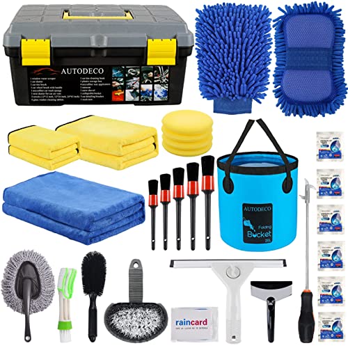 AUTODECO 30Pcs Car Wash Cleaning Kit - Car Care Wash Tools Set Car Detailing Set with Collapsible Bucket Snow Shovel